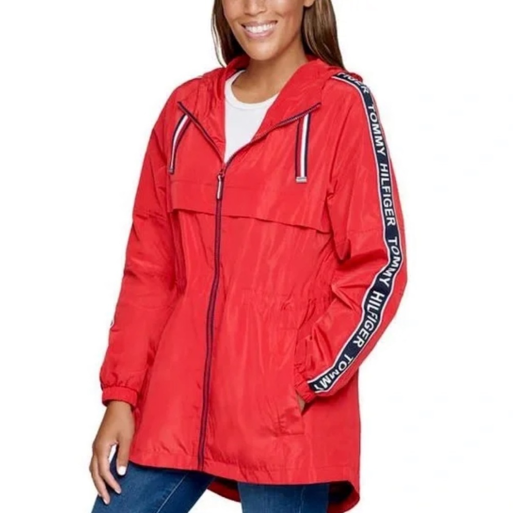 ✨ Tommy Hilfiger Long Windbreaker Hooded Red Rain Jacket✨